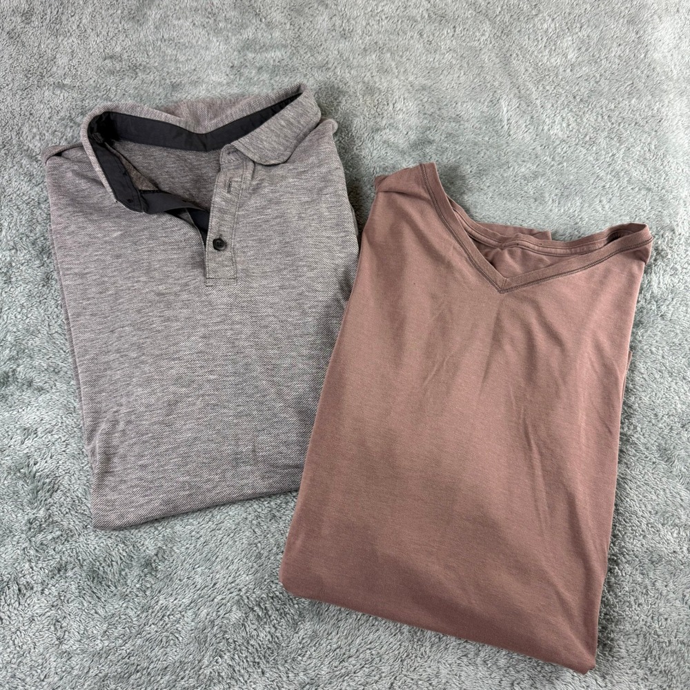 Lululemon Mens Short Sleeve Shirt Bundle Grey Polo Mauve V-Neck Tee Lot 2 Large